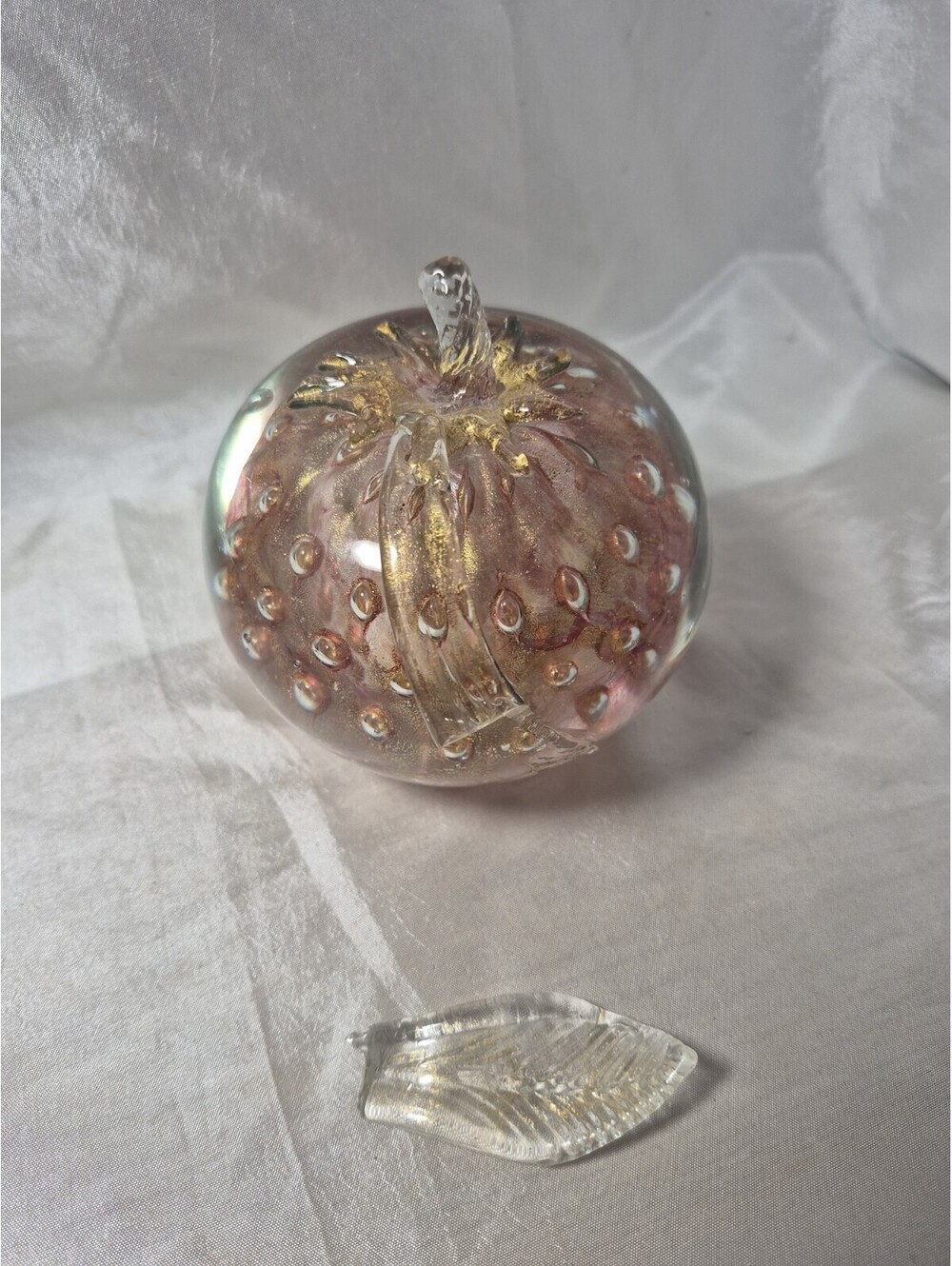 Vintage Murano Glass Apple Paperweight Bullicante Gold Aventurine  As-Is w/LEAF